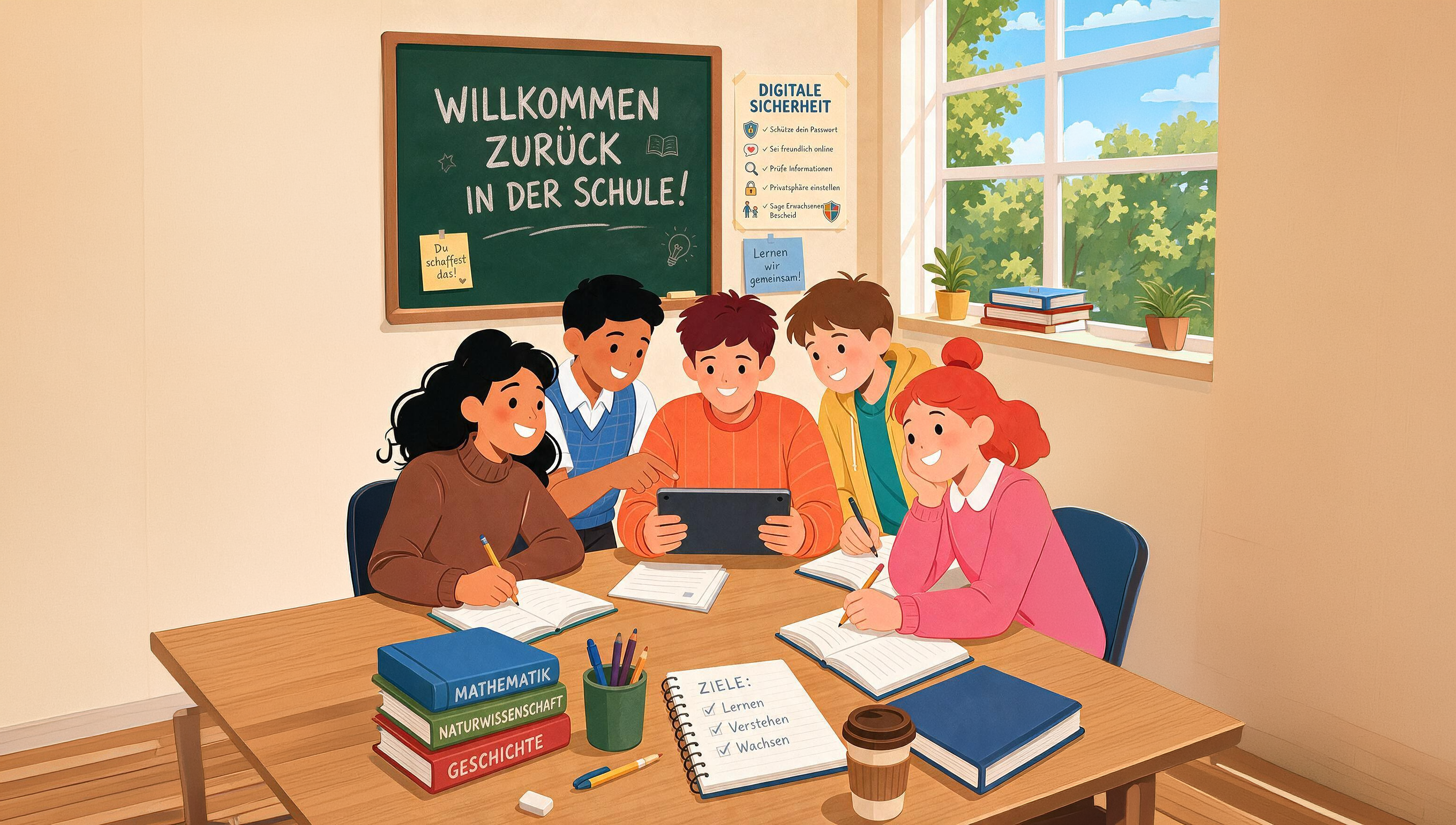Sch&uuml;lerinnen und Sch&uuml;ler arbeiten im Klassenzimmer gemeinsam an einem Tablet, an der Tafel steht &bdquo;Willkommen zur&uuml;ck in der Schule&ldquo;